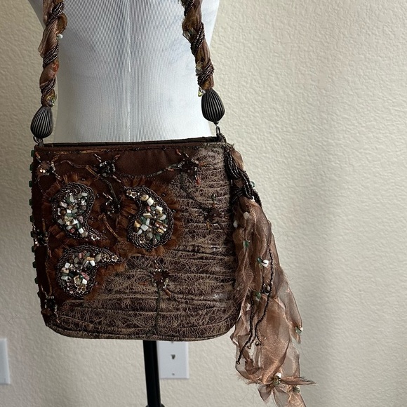 Mary Frances Beaded Handbag Brown Shoulder Bag Purse Bag Charm - Picture 8 of 12